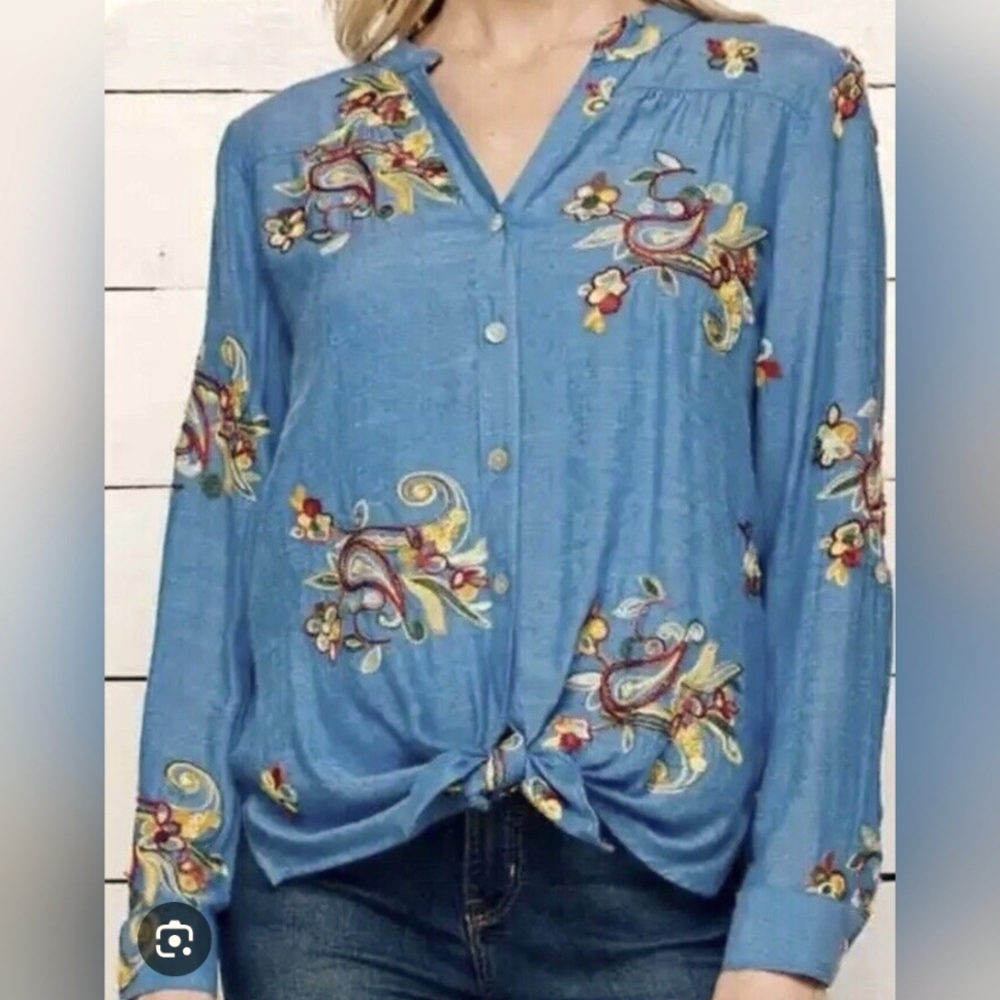 Ladies Fig and Flower Blouse Blue Embroidered Floral Button Front Shirt Top LRG